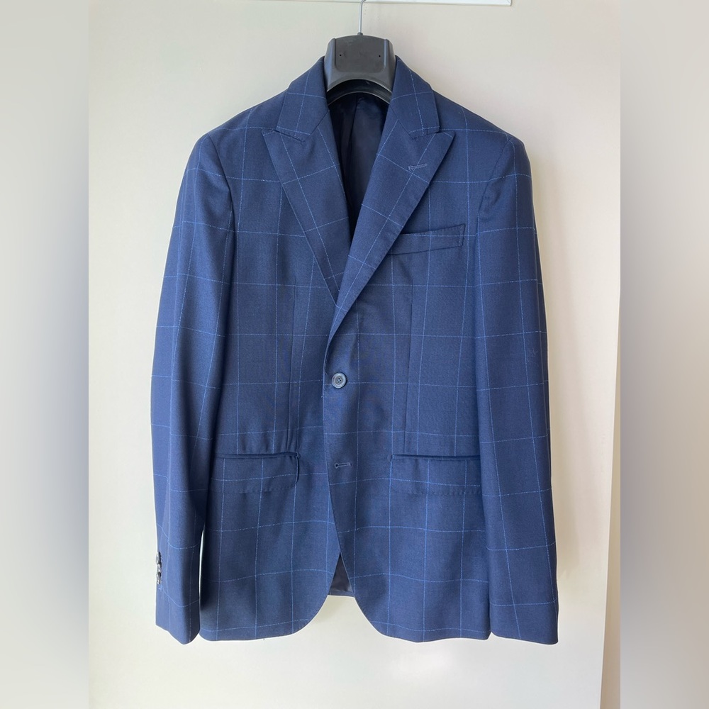 👔🔥Massimo Dutti Suit, italian wool, french blue window pane, blazer size 36